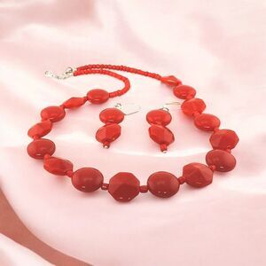 Vintage Bright Valentine Red Beaded Necklace and Earring Set Acrylic Silver Tone